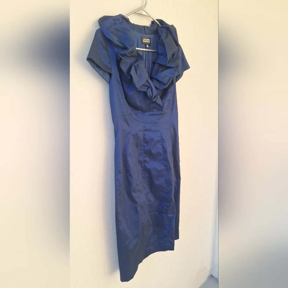 Adrianna Papell Navy Blue Metallic Taffeta Ruffle Neck Women's Dress Size 10 - Picture 6 of 9